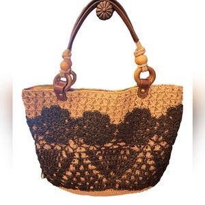 Rare Fossil Straw and Leather Crochet Boho Bag
